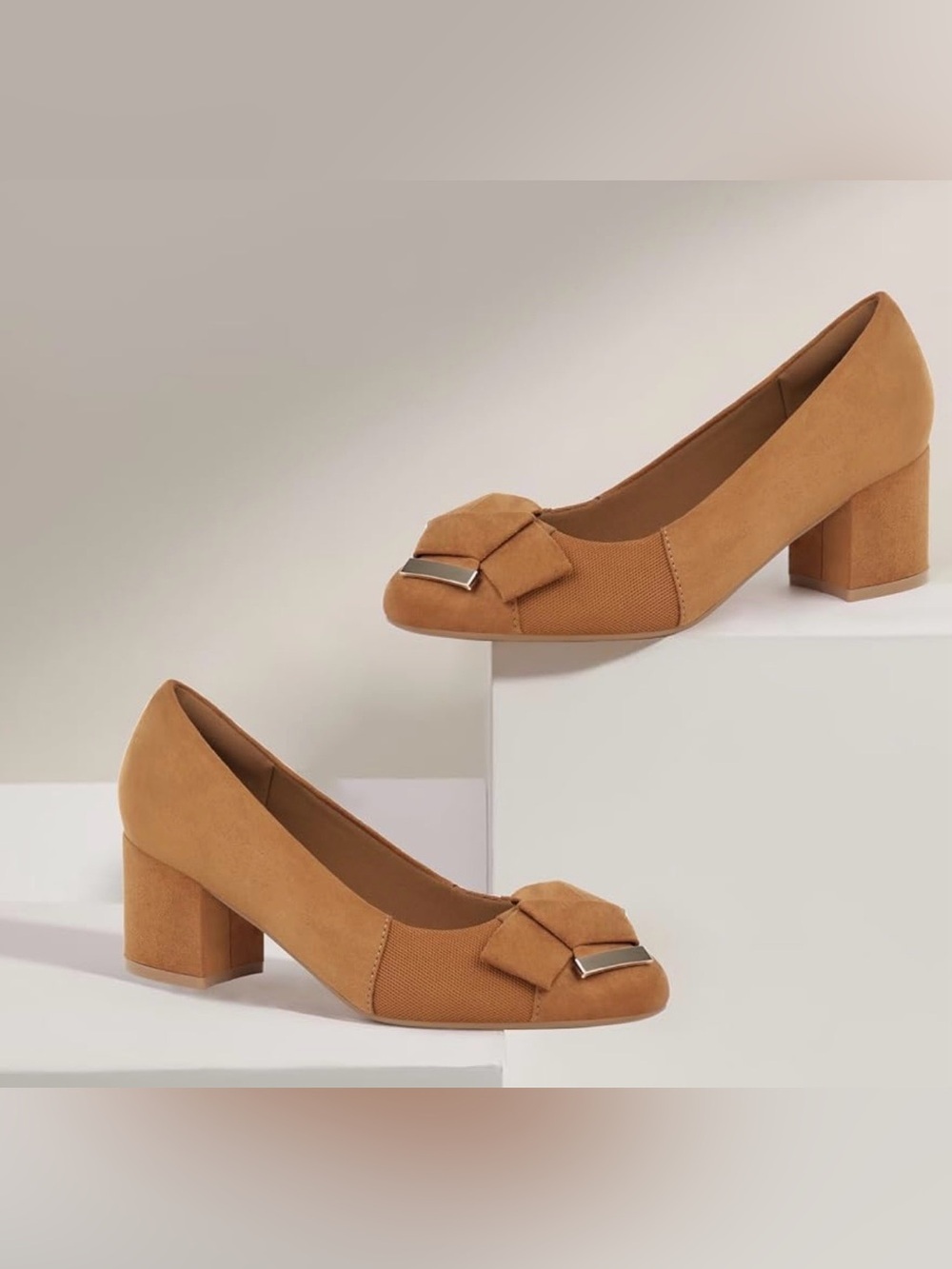 Benassal Women's Tan Block Heel Pumps with Bow and Metal Accent Size 8.5 - Picture 6 of 16